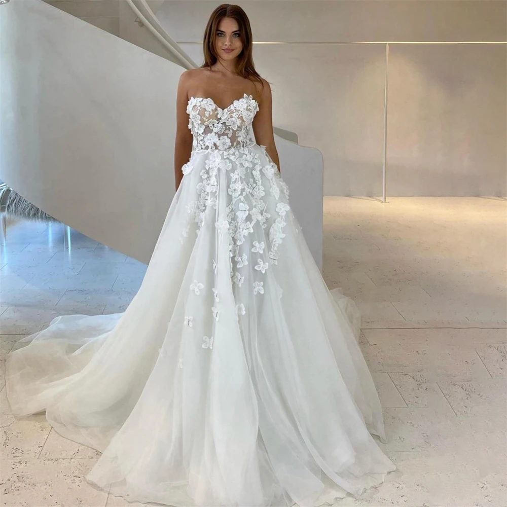 

Bohemia Lace Wedding Dresses Princess V-Neck Off Shoulder Appliques A-Line Bridal Gowns Backless 3D Flowers Bride Dress 2023