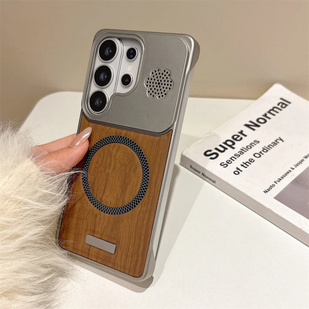 Rahmenlose Holzmaserung Leder PC Magnetische Hülle für Magsafe Samsung Galaxy S26 S25 Ultra S24 Plus FE A56 A55 Mag Safe Handyhülle