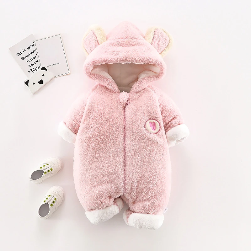 Baby Bodysuit Winter Newborn Infant Warmth Thickened Coral Plush Set Zipper Single Breasted Long Climbing Bodysuit