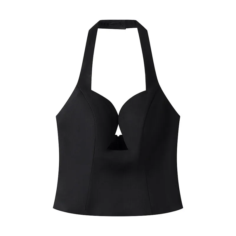 Spring Summer Women Elegant Sexy Halter Sleeveless Tank Top Back Zipper Front Hollow Bodycon Slim Crop Top Party Travel