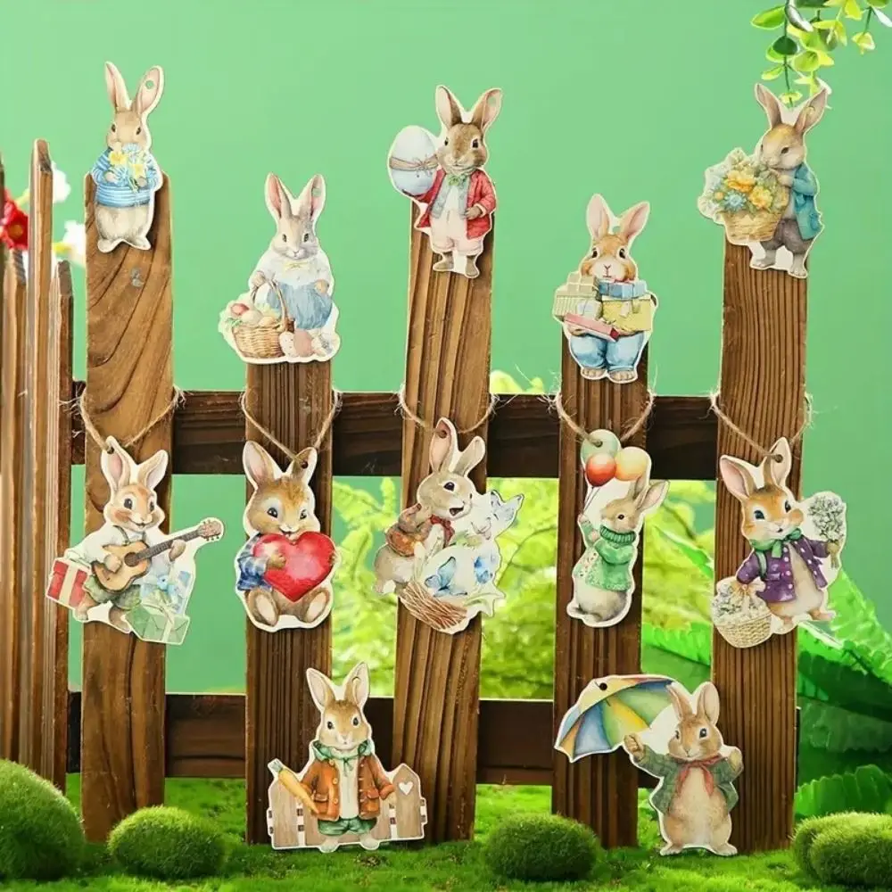 12/24/36Pcs 2D Rabbit Hanging Ornament Handmade Easy to Hang Easter Rabbit Pendant Wooden Bunny Props Hanging Pendant