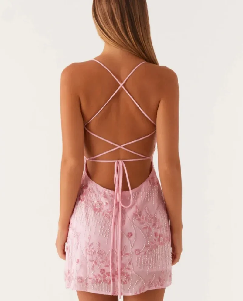 Minivestido camisola con bordado Floral y cuentas de lentejuelas para mujer, vestido con cuello en V y tirantes finos con cordones y espalda descubierta para fiesta y discoteca, traje de vacaciones