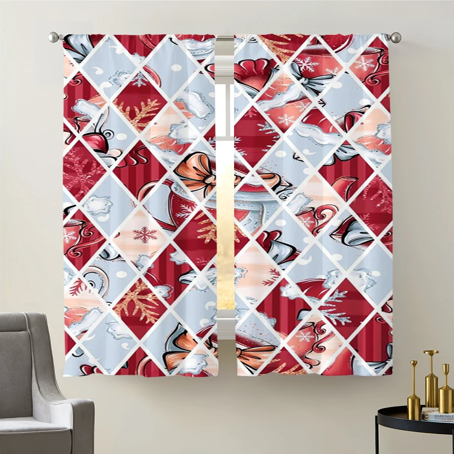 2PCS Christmas Curtains, Argyle Snowflake Bows, Digital Print, Bedroom Living Room Kitchen, Rod Pocket Polyester, Home Decor