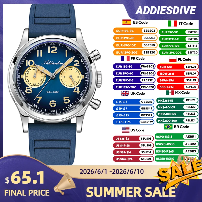 

ADDIESDIVE VK64 Chronograph Watch Men Retro Luxury Quartz Watch AD2516 Waterproof 100M Military Nylon Strap 38mm Luminous Dial
