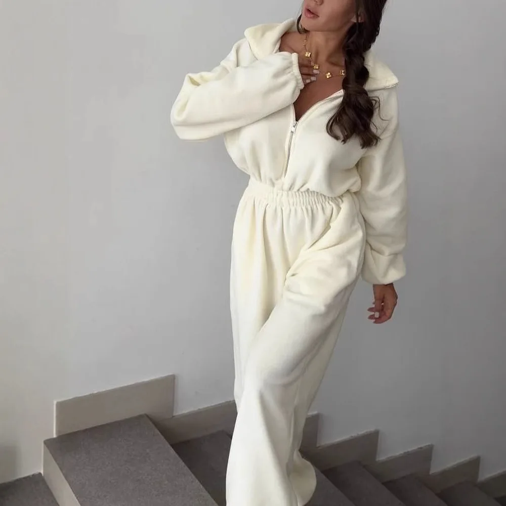 Casual Sports Jumpsuit For Women Lapel Zipper Long Sleeve Elastic Waist Sports Suit For Women 2025 Autumn Women Loose Jumpsuit