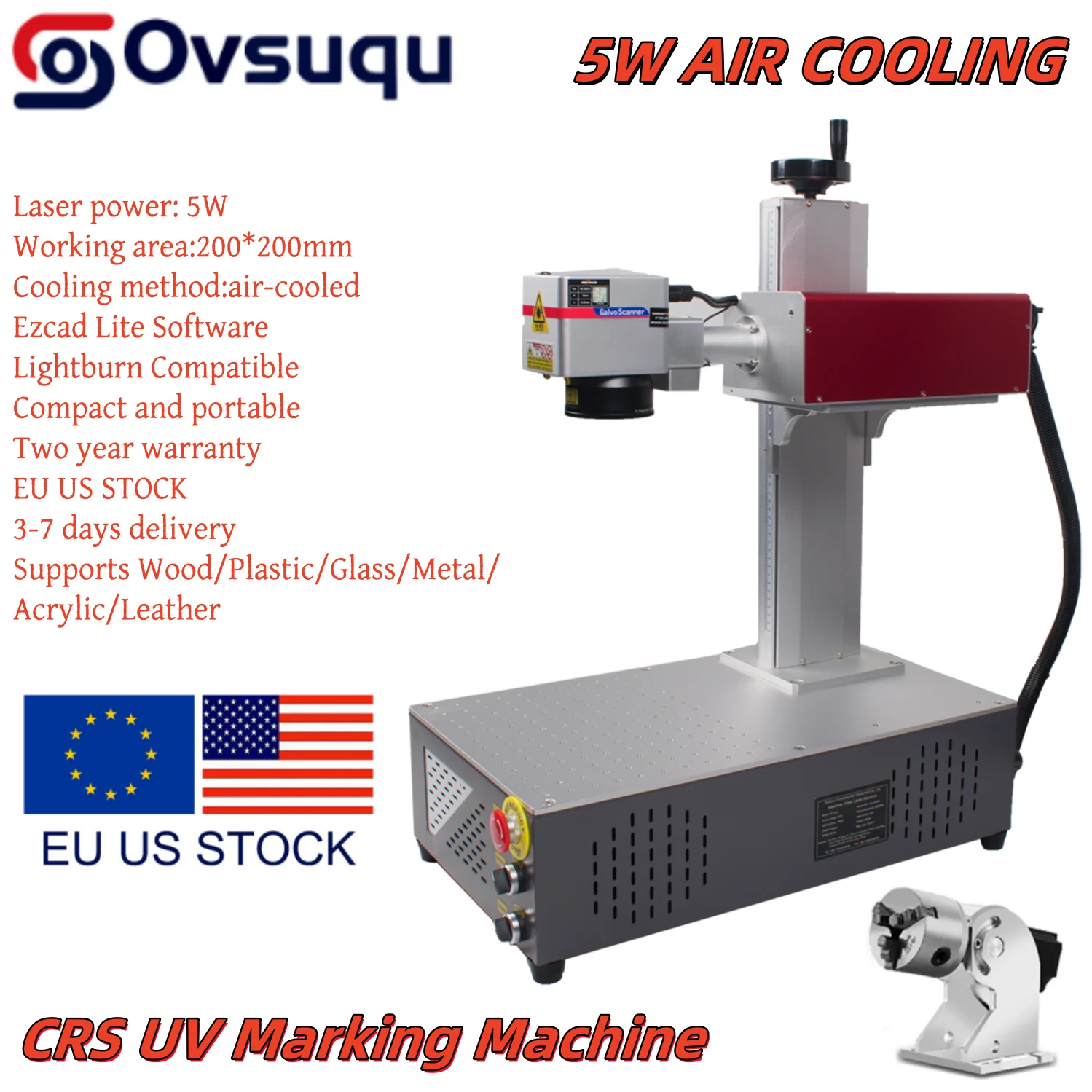 

CRS 5W UV Laser Air-cooled Marking Machine 355nm Compact and Portable UV Laser Engraving Machine,4000mm/s ,Metal Wood Acrylic