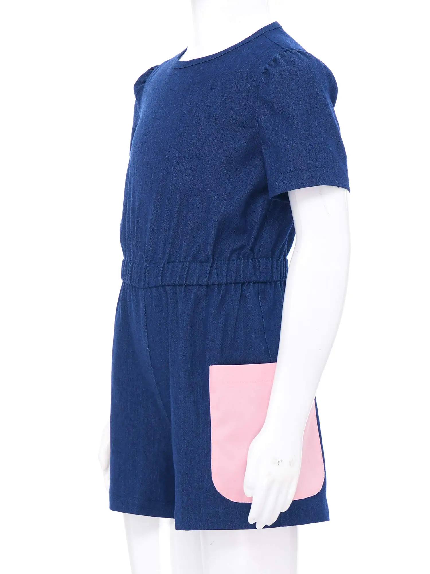 

Kids Girls Summer Denim Pockets Jumpsuits Fashion Short Sleeve Elastic Waistband Zipper Short Rompers for Daily Life Streetwear