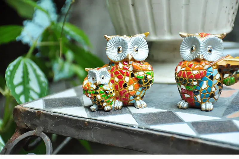 Rural painted mosaic playing owl garden fun succulent scene ornaments and decorations