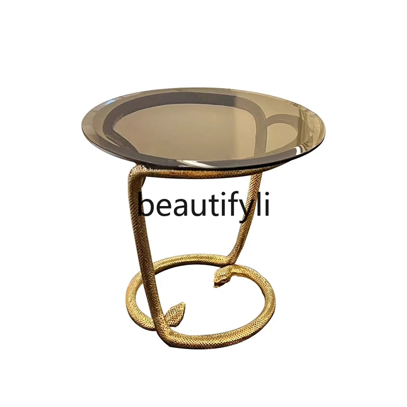

Round coffee table light luxury living room household pure copper snake head high-end glass edge table