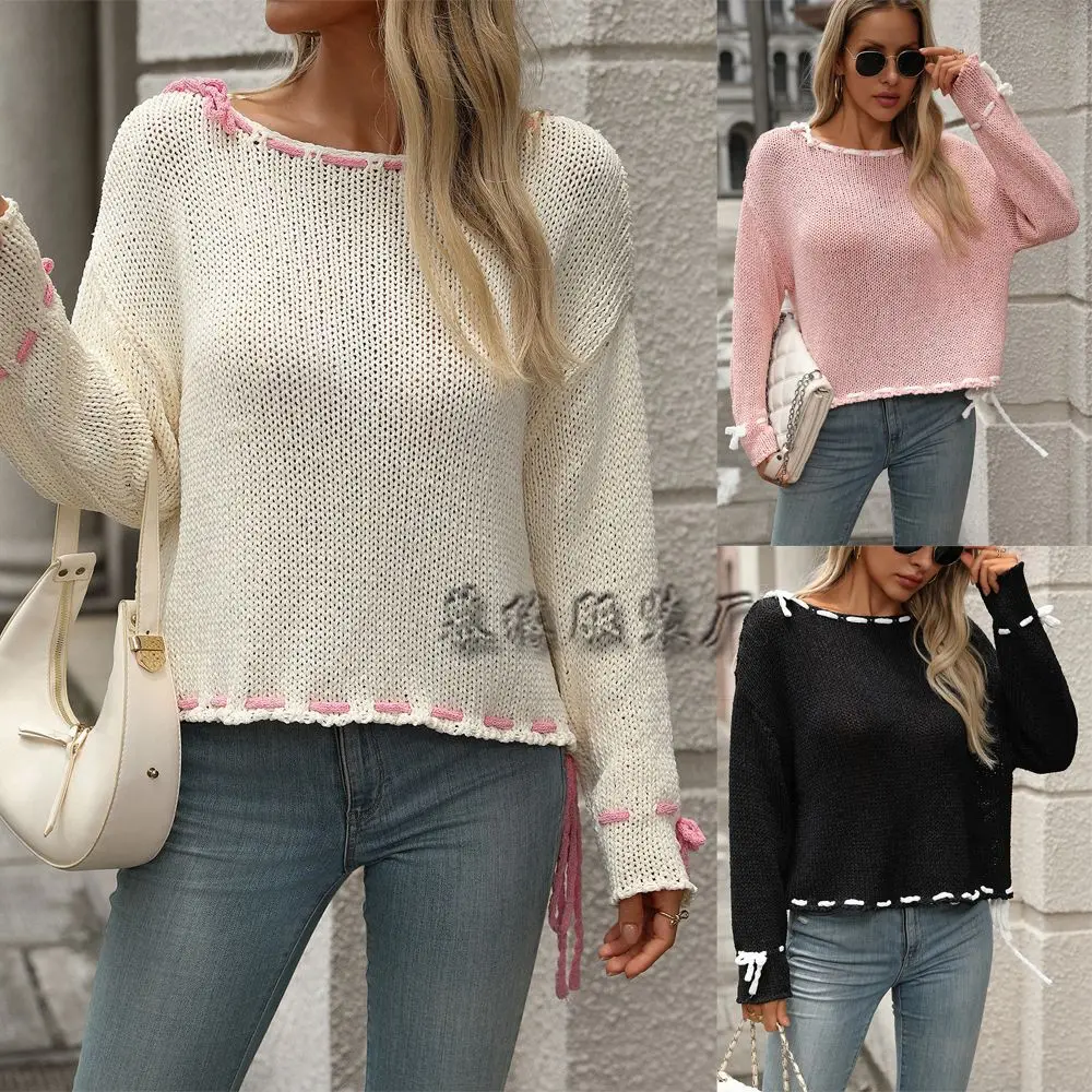 2025 Spring Autumn Women's Pullovers Contrast Hand Stringing O-neck Ladies Sweaters Casual Female Knitted Tops Women's Clothing