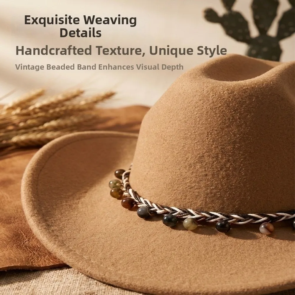 Gifts Felt Cowboy Hat Vintage Western Style Curved Brim Fedora Hat Structured Crown Decorative Chain Band Western Hat Women
