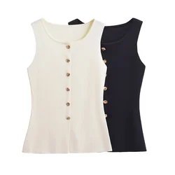 New French women's clothing temperament round neck sleeveless gold buckle decoration slim fit long knitted vest