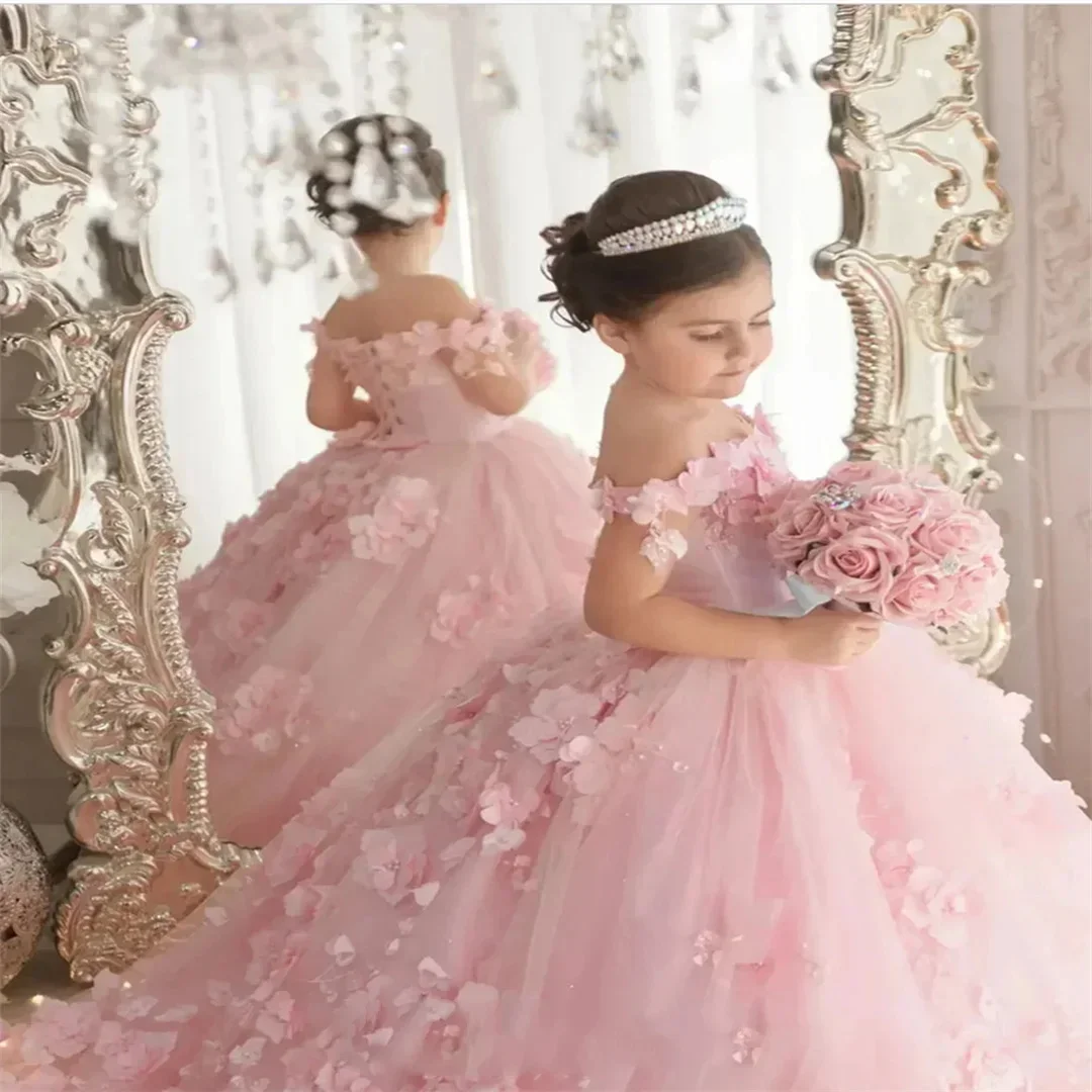 Vestido de princesa para niñas, apliques de encaje, vestido de niña de flores para bodas, niños pequeños, vestido de primera comunión con hombros descubiertos, hecho a medida