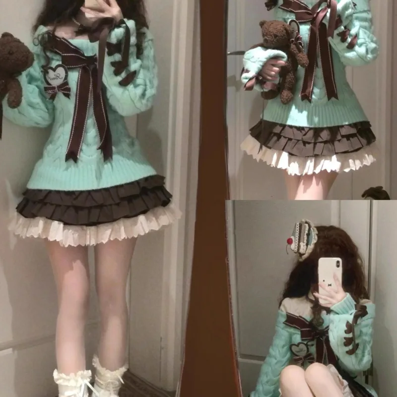 

Bow Knit Y2K Sweater Top Women Sweet Off-Shoulder Pullover Pink Red Vintage Knitwear Cute Autumn Winter Outfit Set Soft Top New