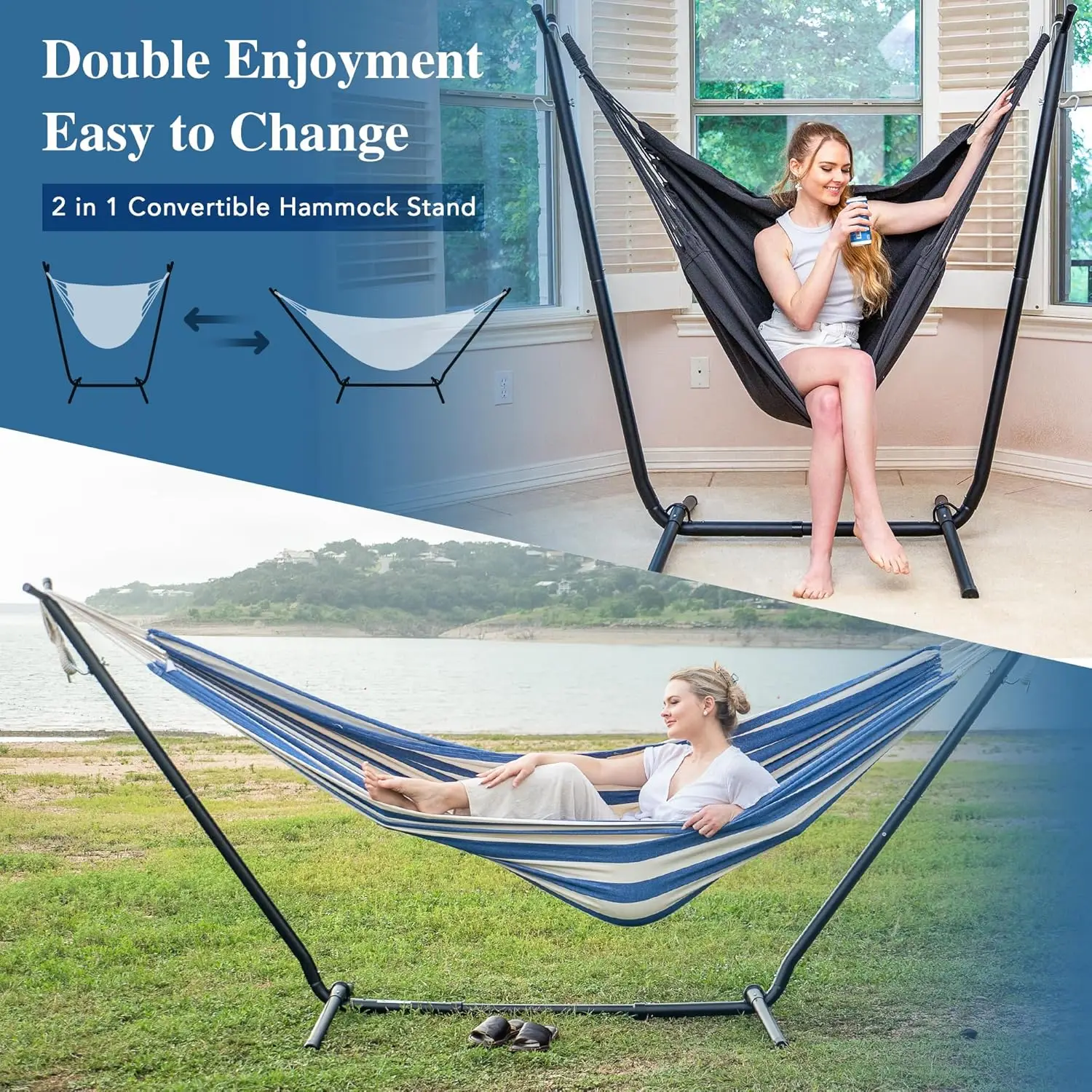 Convertible Free Standing Hammock with Stand Included, Camping Backyard, Blue and White Stripe, 2-in-1