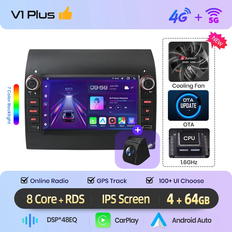 Junsun 7" draadloze CarPlay Android Auto autoradio voor Fiat Ducato 2015 2016 2017-2020 Multimedia draadloze Apple CarPlay slimme intelligente systemen IPS touchscreen stereo videospeler 2 Din