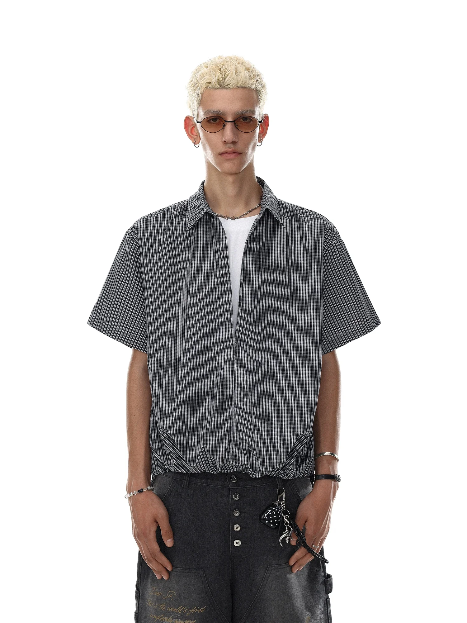MRNEARLY American Retro Plaid Color Block Short Sleeve Men's Loose Drawstring Pleated Casual Shirt Trendy Cotton Polyester Blend