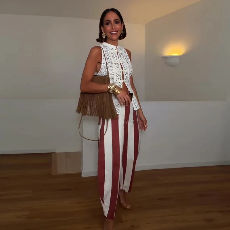 Casual Women's Red Striped Pants Button Zipper Double Pockets Straight Straight Leg Trouser 2026 Spring Summer Fashion Lady Pant
