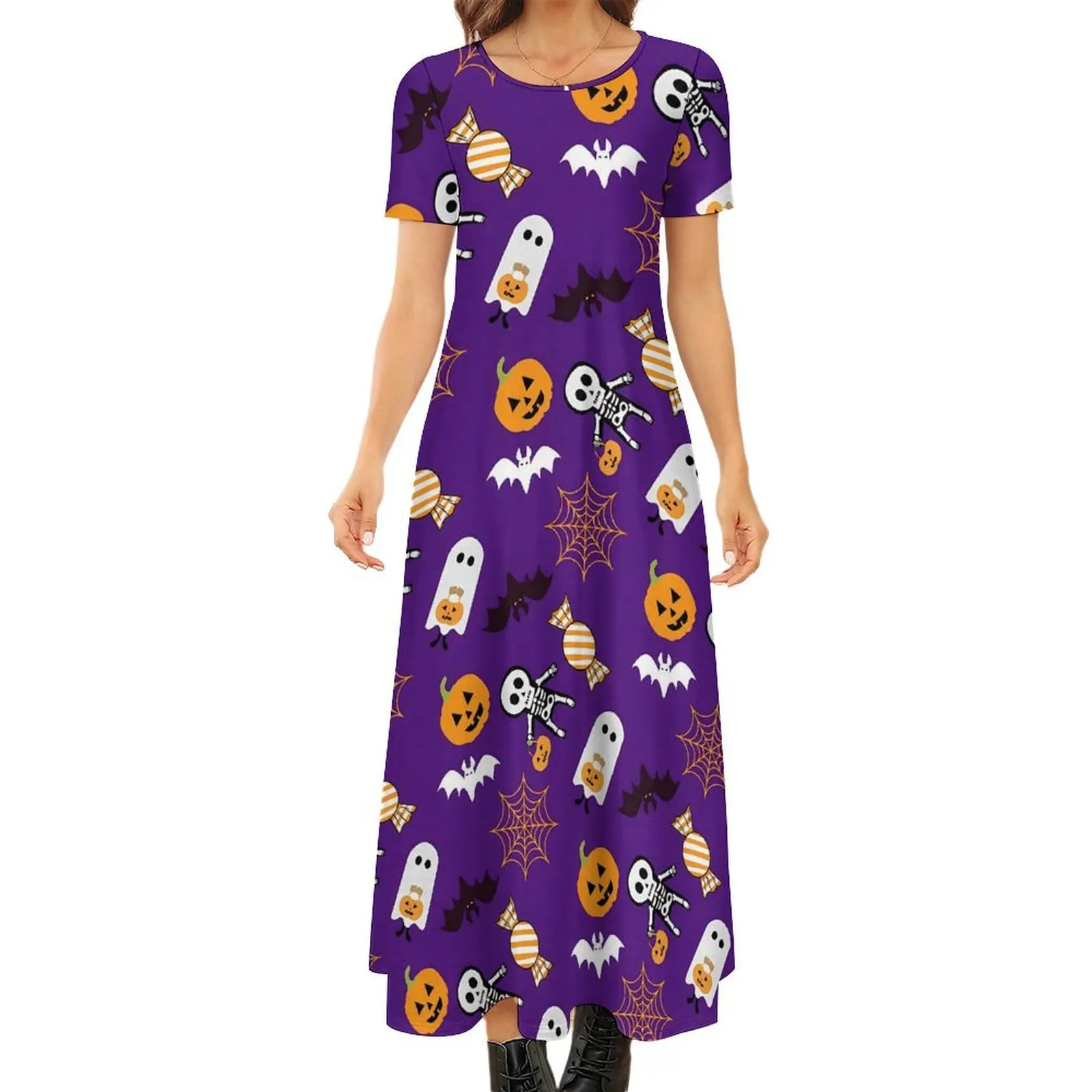 

Cute Ghost Dress Halloween Pumpkin Spooky Trendy Maxi Dress Short Sleeve Street Style Bohemia Long Dresses Oversized Vestidos