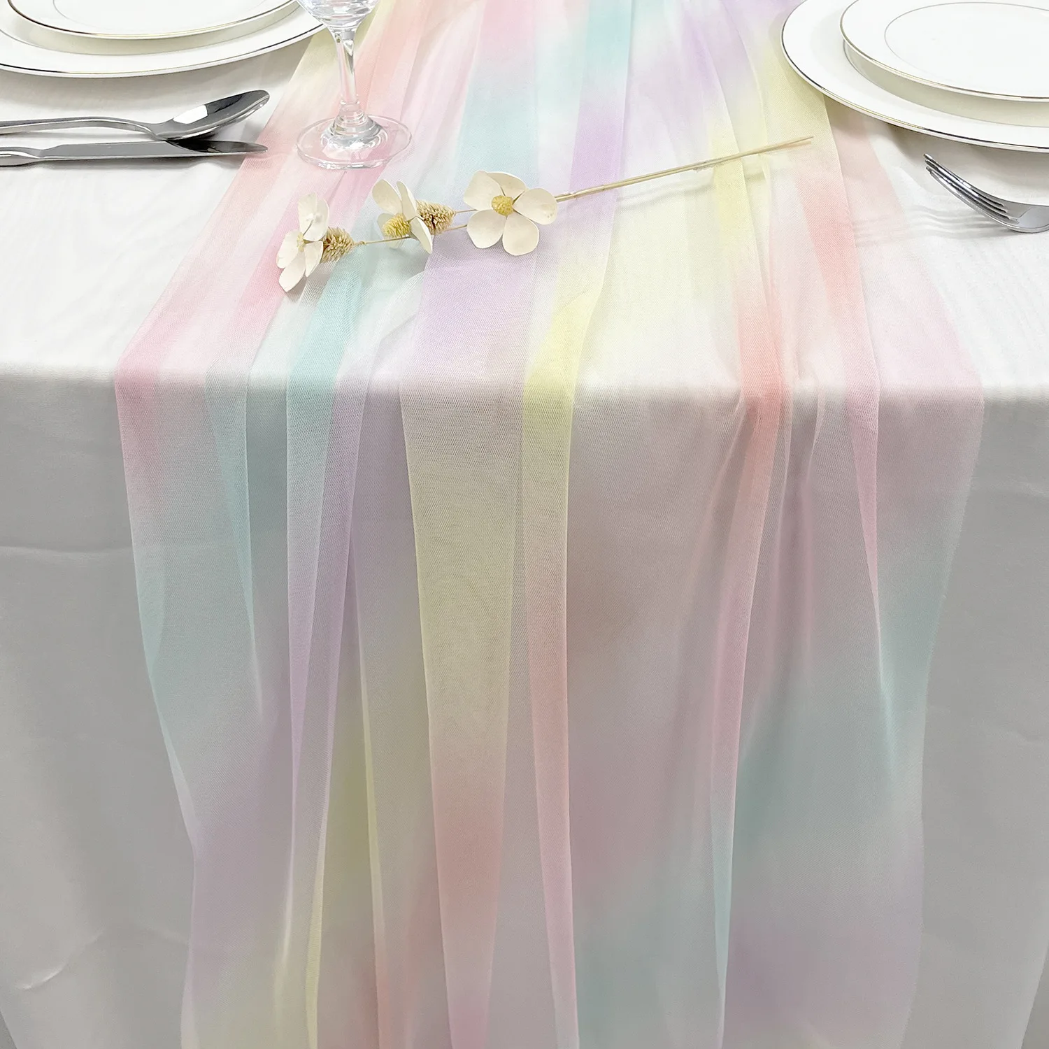 75 cm x 275 cm Regenbogen-Gaze-Tischläufer mit Farbverlauf, durchsichtige Mesh-Esstischdekoration für Hochzeit, Brautparty, Geburtstagsfeier