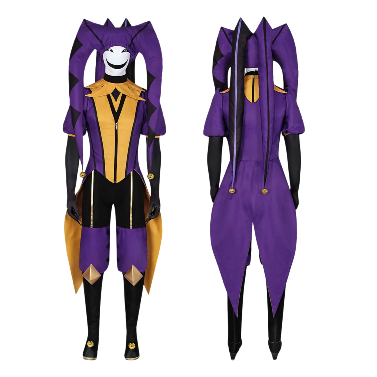 

Jester Cosplay Costume Game Purple Clown Uniform Set with Mask Headgear Accessories Halloween Carnival Party Outfit