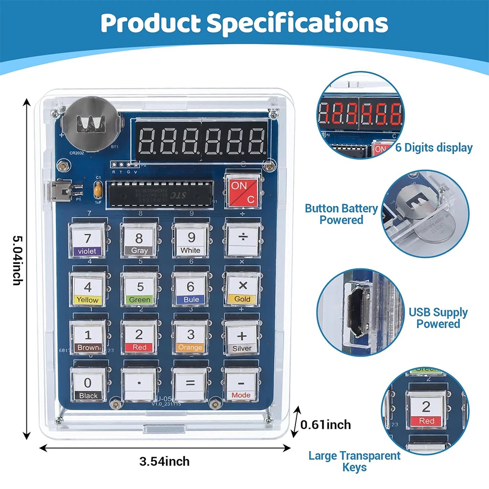 DIY Electronic Kit 6 Digits Desk Calculator USB/Battery Powered Soldering Project Practice for STEM School Students Learning