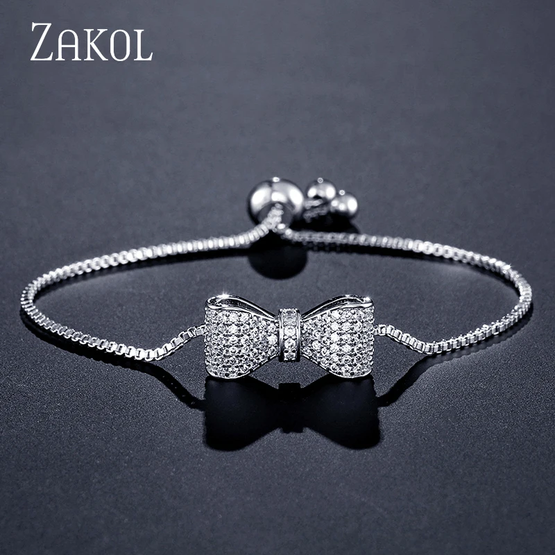 ZAKOL Fashion Bow Zirconia Crystal Regulowana bransoletka i bransoletka dla kobiet Brilliant CZ Party Jewelry