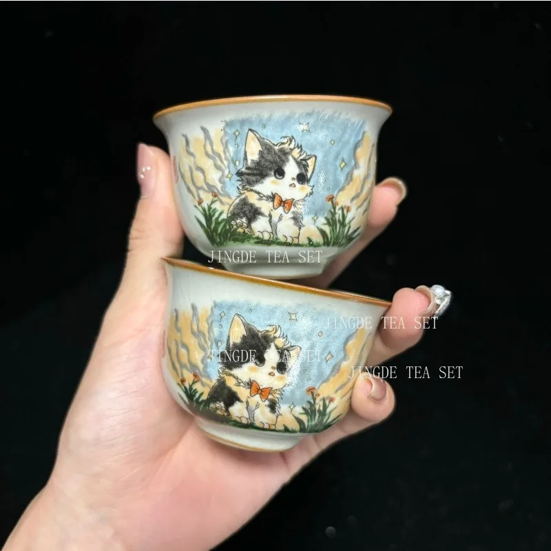 60ml Ru Kiln Cute Cat Round Tripod Teacup 1pcs With Opening for Nourishing High End Tea Tasting Cup Kung Fu Tea Drinking