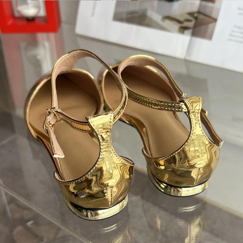 Golden New In T-Strap Women Sandals Shoes 2023 Designer Footwear Female Fashion Pointed Toe Shallow Flats Sandals Ladies Shoes