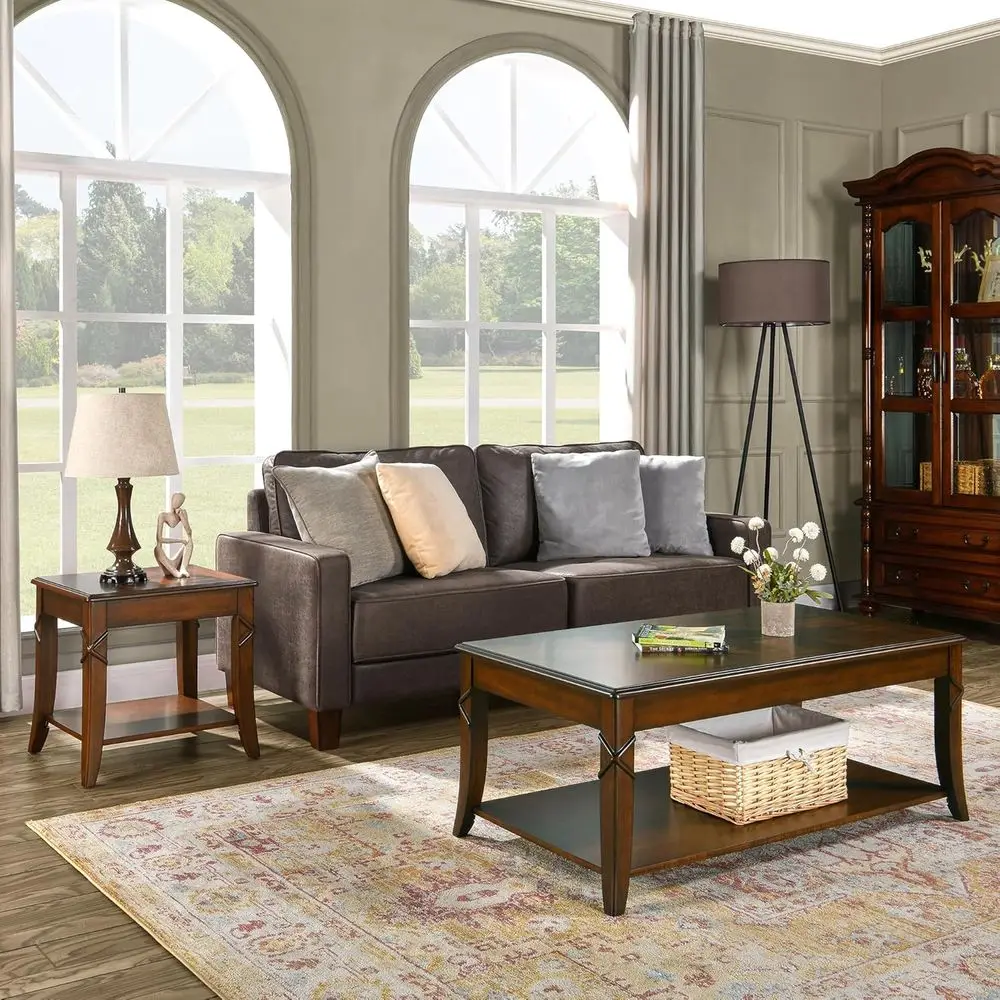 

-Century ern Living Room Coee Table Set, 2-Piece Solid Wood Living Room Table Set, 1 Solid Wood Coee Table with Storage Shel and