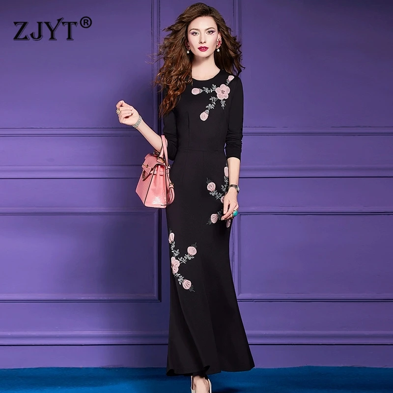 

ZJYT Women's Floral Embroidery Maxi Dress Long Full Sleeve Black Mermaid Evening Party Gown Elegant Spring 2025 New Vestidos