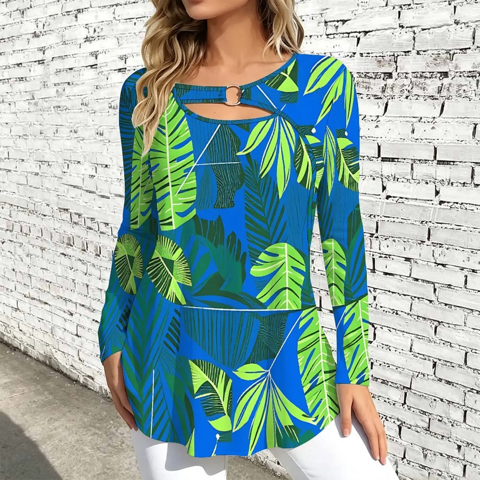 Women Long Sleeve Tunic Top Print O Ring Cutout Neck Loose A Line Hem Casual Ladies Blouse