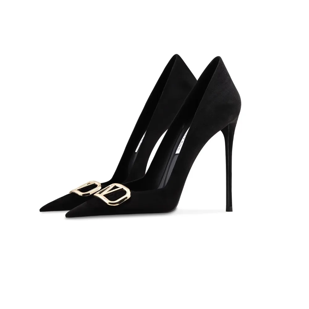 حذاء نسائي من جلد الغزال الأسود بإبزيم بمقدمة مدببة وكعب ستيليتو #1