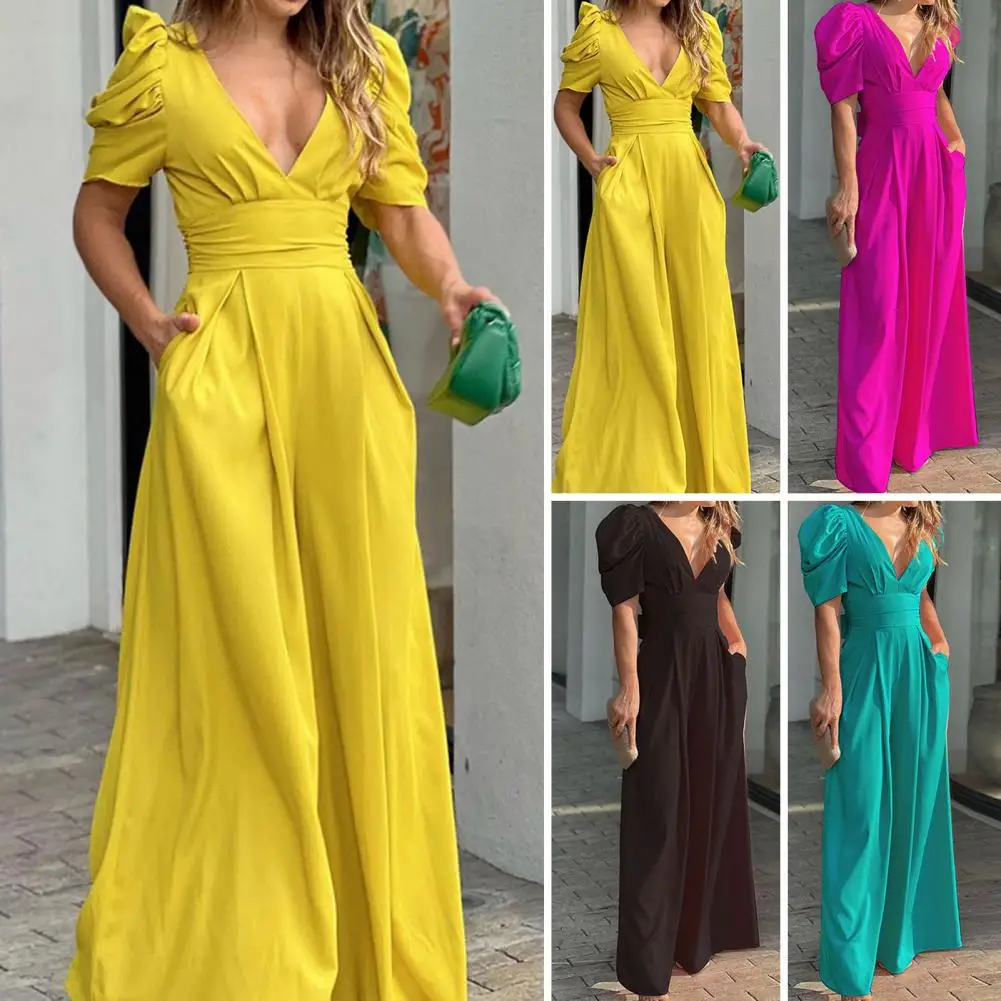 Women Polyester Spandex Rompers Stylish Women's Jumpsuit with Puff Sleeves V-neck Hollowed Waist Tie Wide Leg Pants for Street