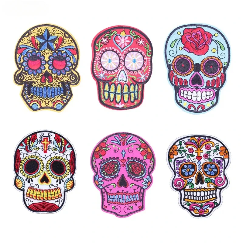 Punk Rock Skull Embroidery Patches Various Style Flower Rose Skeleton Iron On Biker Patches Clothes Stickers Applique