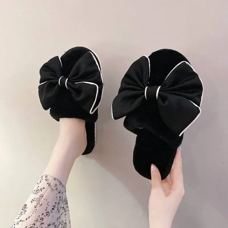 

Женские бархатные пушистые хлопковые тапочки с бантом, осень-зима 2022, новые теплые домашние нескользящие тапочки на флисовой подкладке