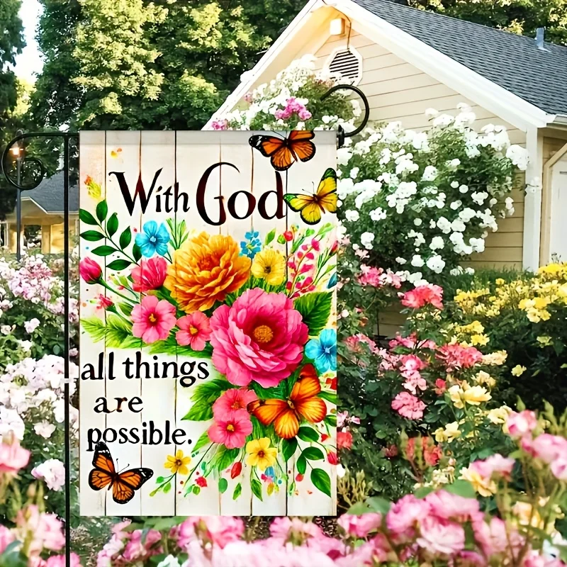 VIKAMA 'avec Dieu toutes choses sont possibles' drapeau de jardin inspirant conception florale et papillon vibrante drapeau de décoration de jardin de maison