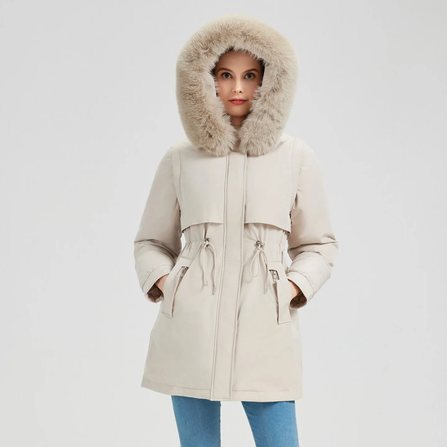 

Parkas Real Womens Winter Detachable-Sleeve Oversized Trendy Athleisure Baffled Long-Sleeved Casual Water-Resistant Buckle Puffy