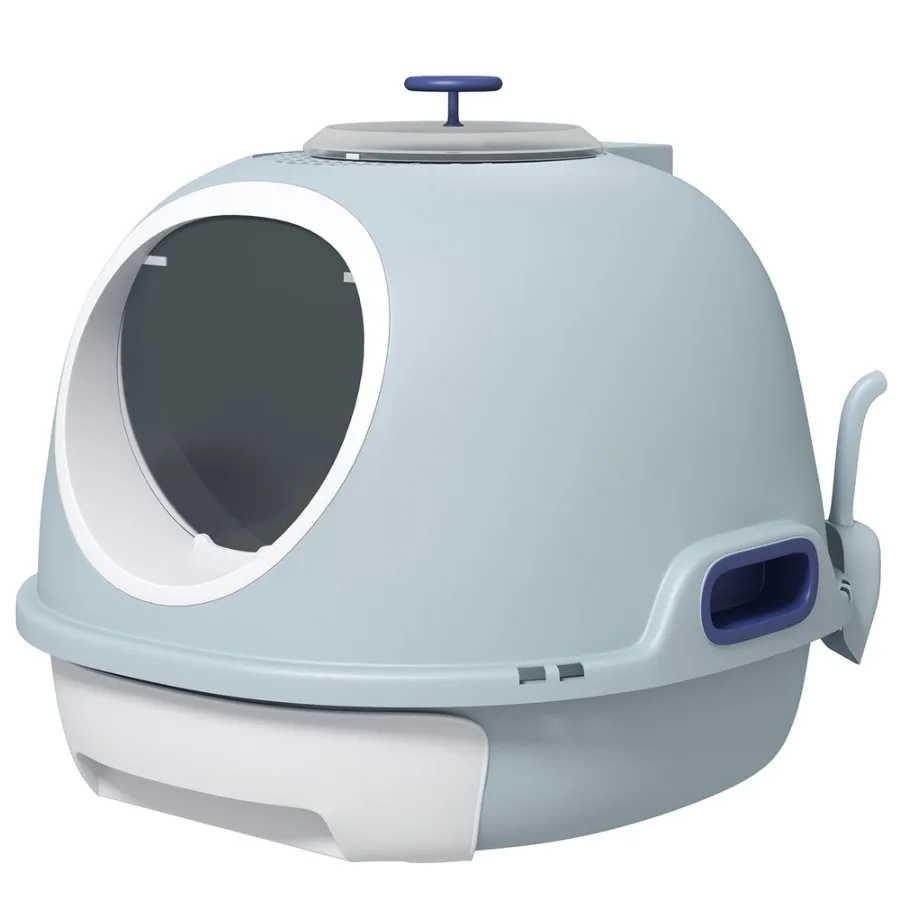 

Covered Cat Litter Box with Scoop Enclosed Drawer Blue with Skylight