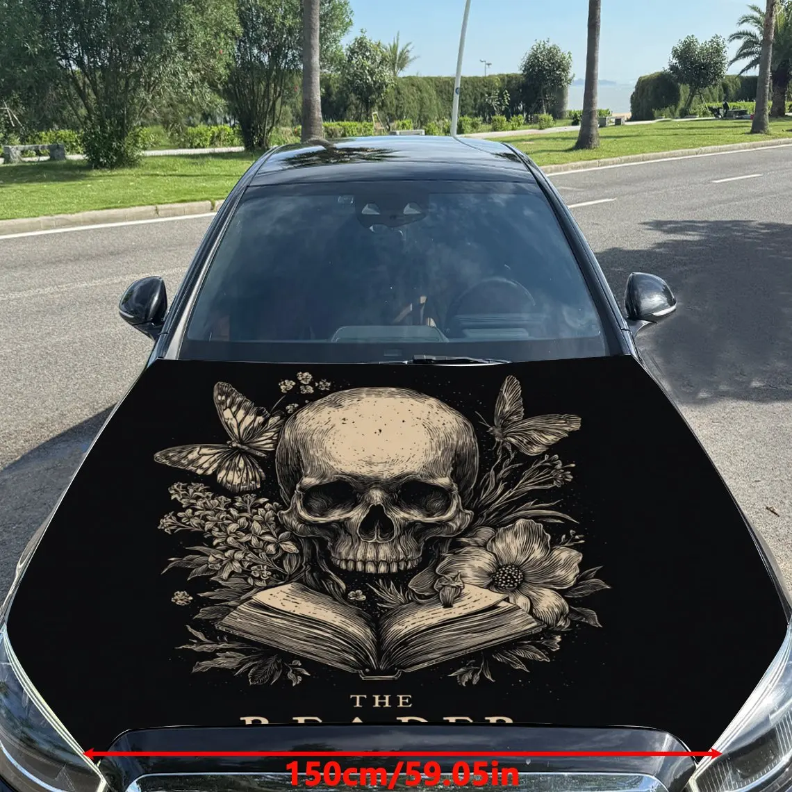 Car Decals Skull with Floral Elements and Open Book Car Hood Sticker, Waterproof Self - Adhesive Vinyl Graphics Decals, Decorati