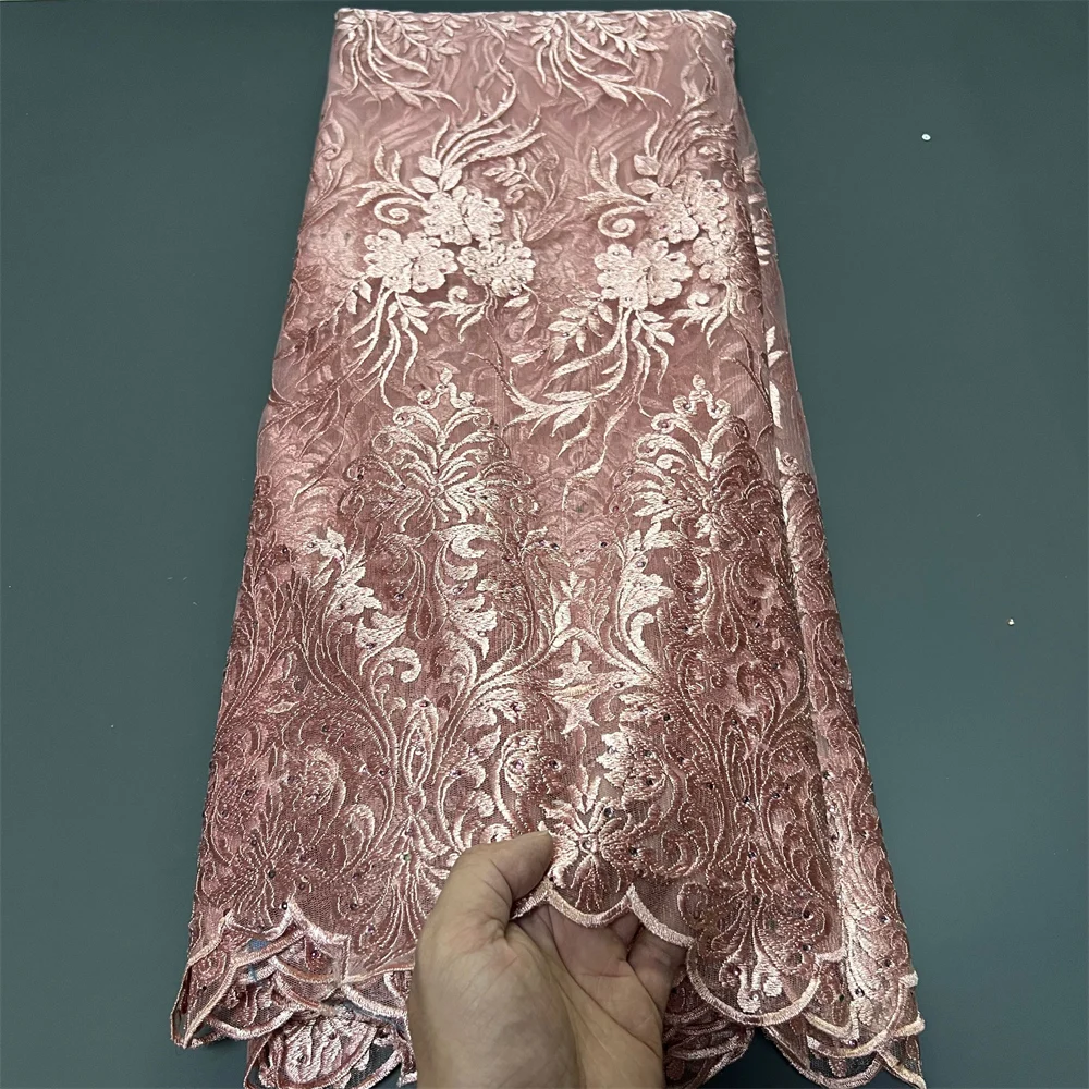 

2025 африканская нигерийская высококачественная тюлевая кружевная ткань с блестками для выпускных платьев, вышивка бисером, сетчатая ткань для шитья, 5 ярдов ZJ058