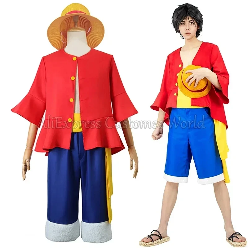 Anime Monkey Luffy Cosplay Costumes Monkey-D-Luffy Cosplay Red Tops Pants Suits Hats Halloween For Women Men Kids Party Gifts