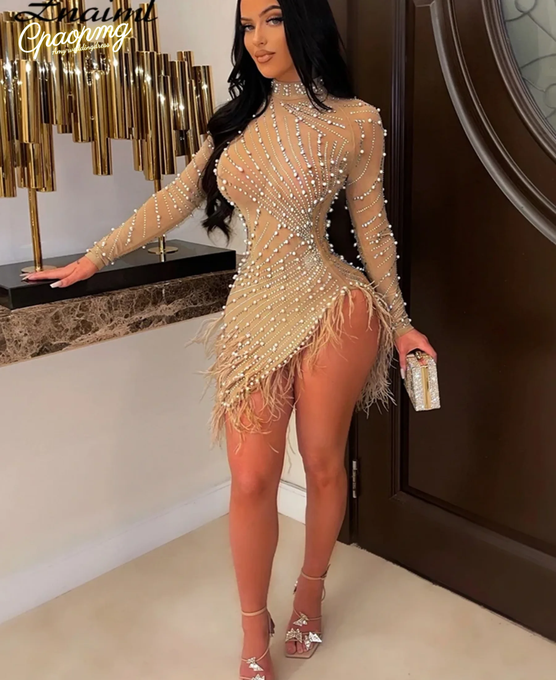 

Индивидуальные роскошные короткие вечерние платья из сетки с перьями и жемчугом для женщин, сексуальные, для вечеринок и дней рождения