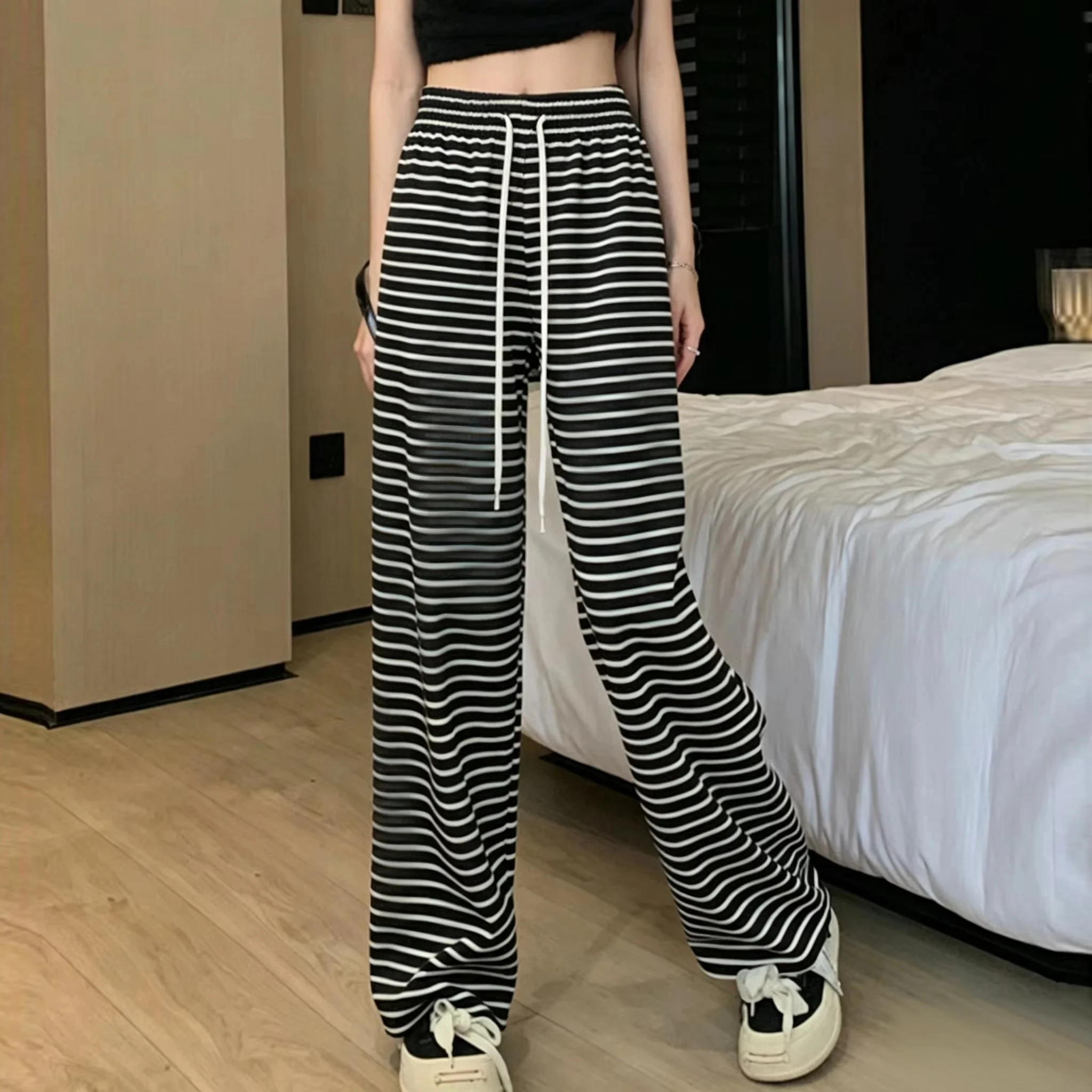 Summer Neutral 3D Striped Printed Quick Drying Straight Leg Pants, Elastic and Loose Casual Street Sports Pants, Breathable