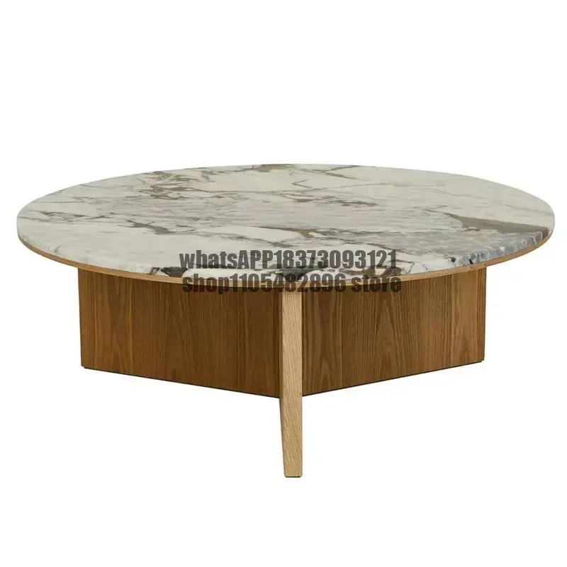 Natural marble coffee table, modern minimalist living room home coffee table, French round solid wood tea table