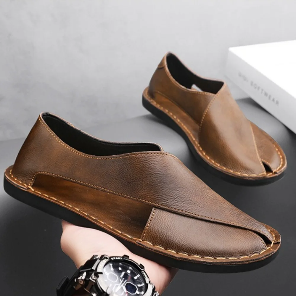 Leather Sandals Men's Summer Breathable Cowhide Sandals Comfortable Driving Shoes Men's Summer Leather Shoes Large Size 46 47 48