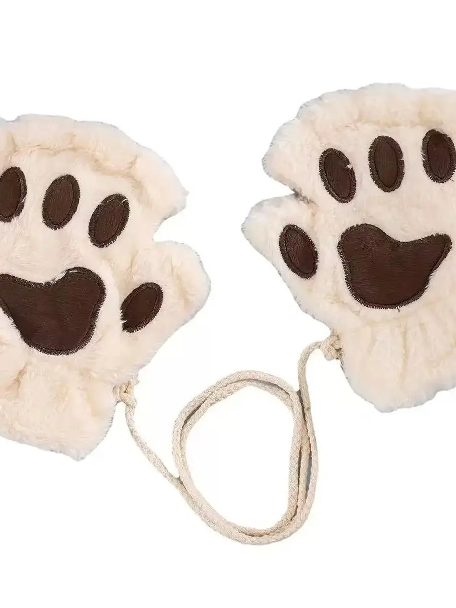 AliExpress Women Winter Fashion Plush Gloves, Cat Paw Design Half-finger Warm Gloves, Suitable for Office Use Cycling Outdoor Activities