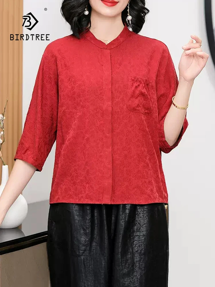 

BirdTree, 100%Real Silk Watered Gauze Shirts, Women Half Sleeve Solid, Mom Loose Casual Versatile Blouse, 2024 Summer T44490QC