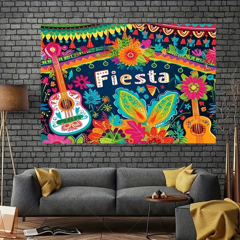 Mexican style theme backdrop cloth carnival party cake table decoration banner guitar photography background props