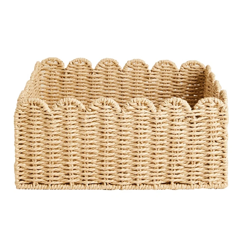 Scalloped Edge Basket, Paper Rope Storage Baskets, Hand Woven Baskets For Shelves,Natural Baskets For Organizing